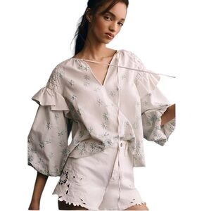 Forever That Girl Anthro | Ruffle-Sleeve Smocked Linen Blouse Size Medium NWT